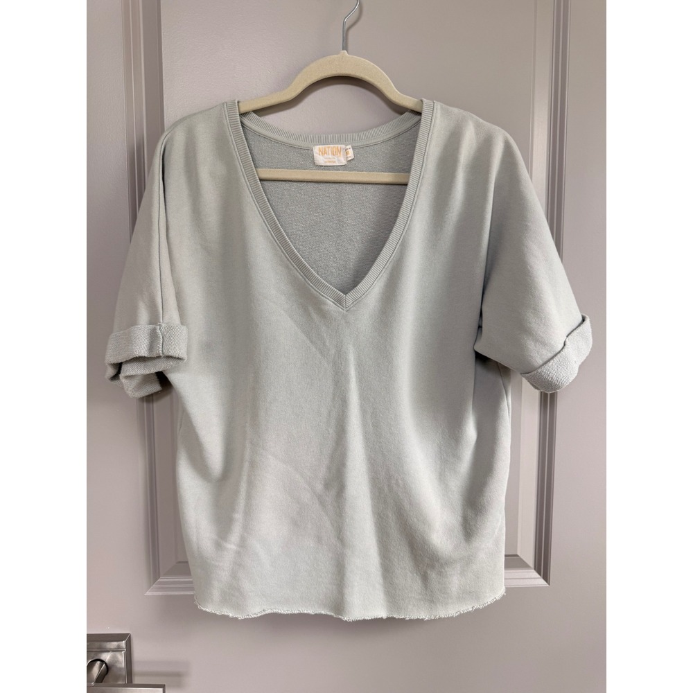 Nation LTD Womens V-Neck Short Sleeve French Terry Sweatshirt Sage Green Size M